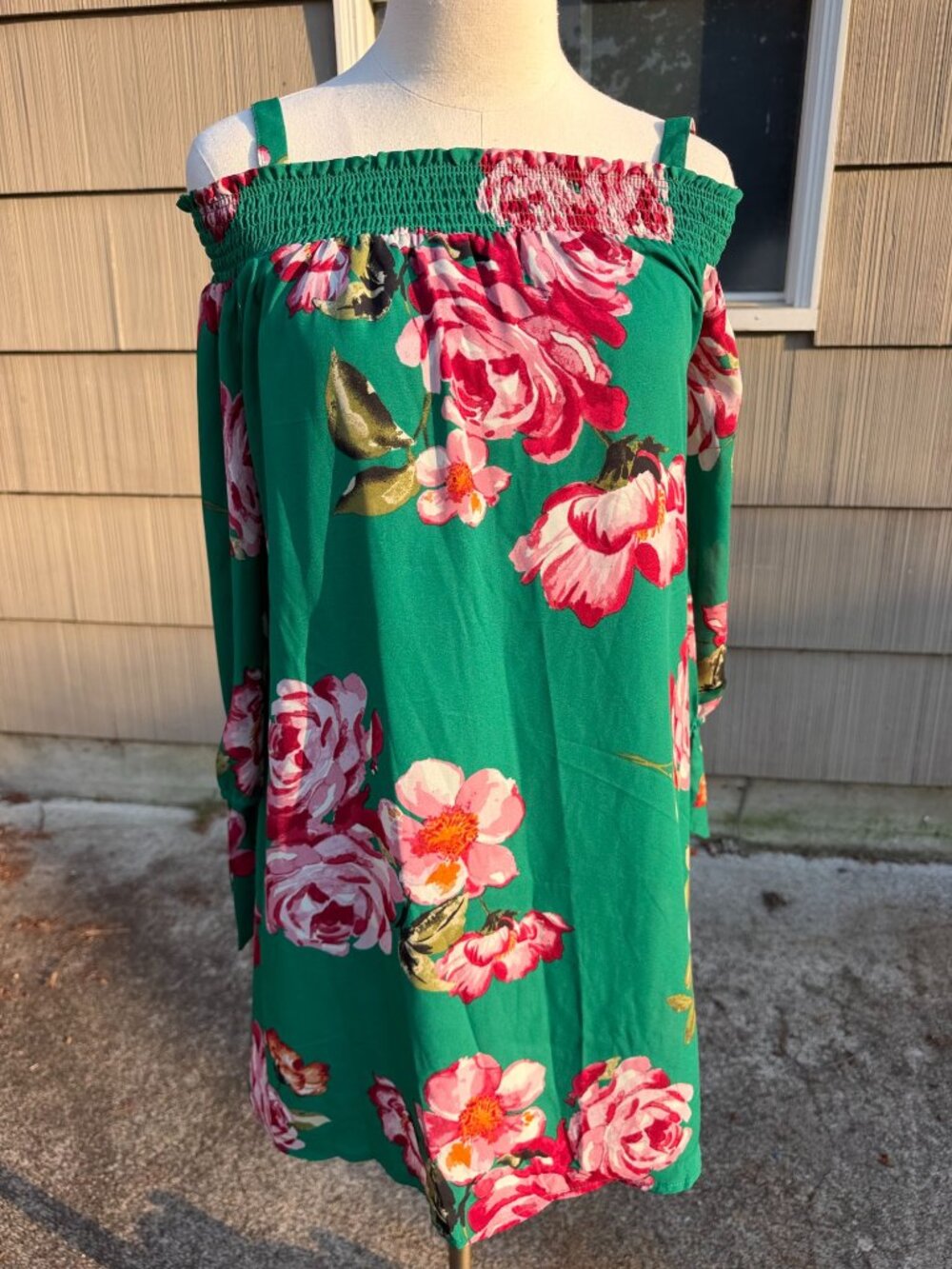AUW Floral Off Shoulder Mini Dress Medium Green Pink Rose Smocked Tie Sleeve